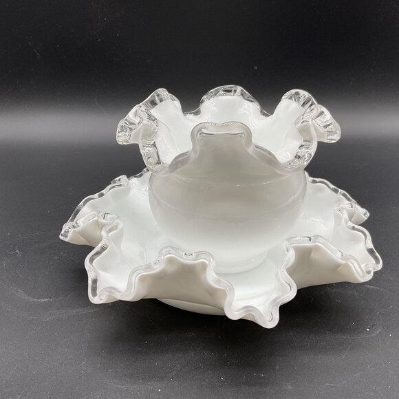 Vintage Silvercrest Fenton Vase & Dish Milk Glass 4"H x 7.5"D - Picture 3 of 7